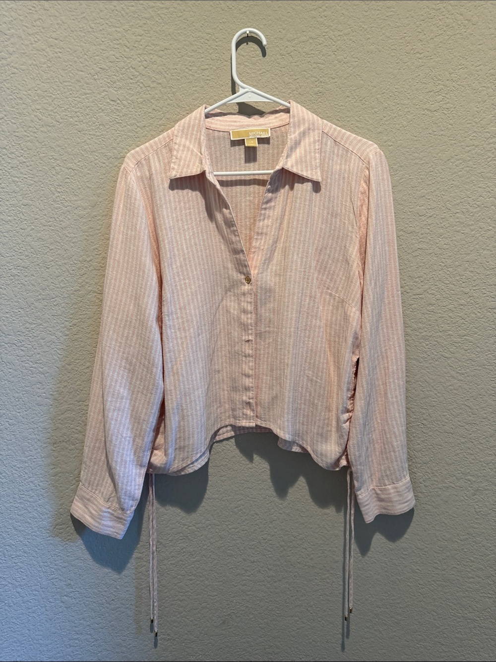 Michael Kors Light Pink Striped Button-Down Drawstring Hem Top